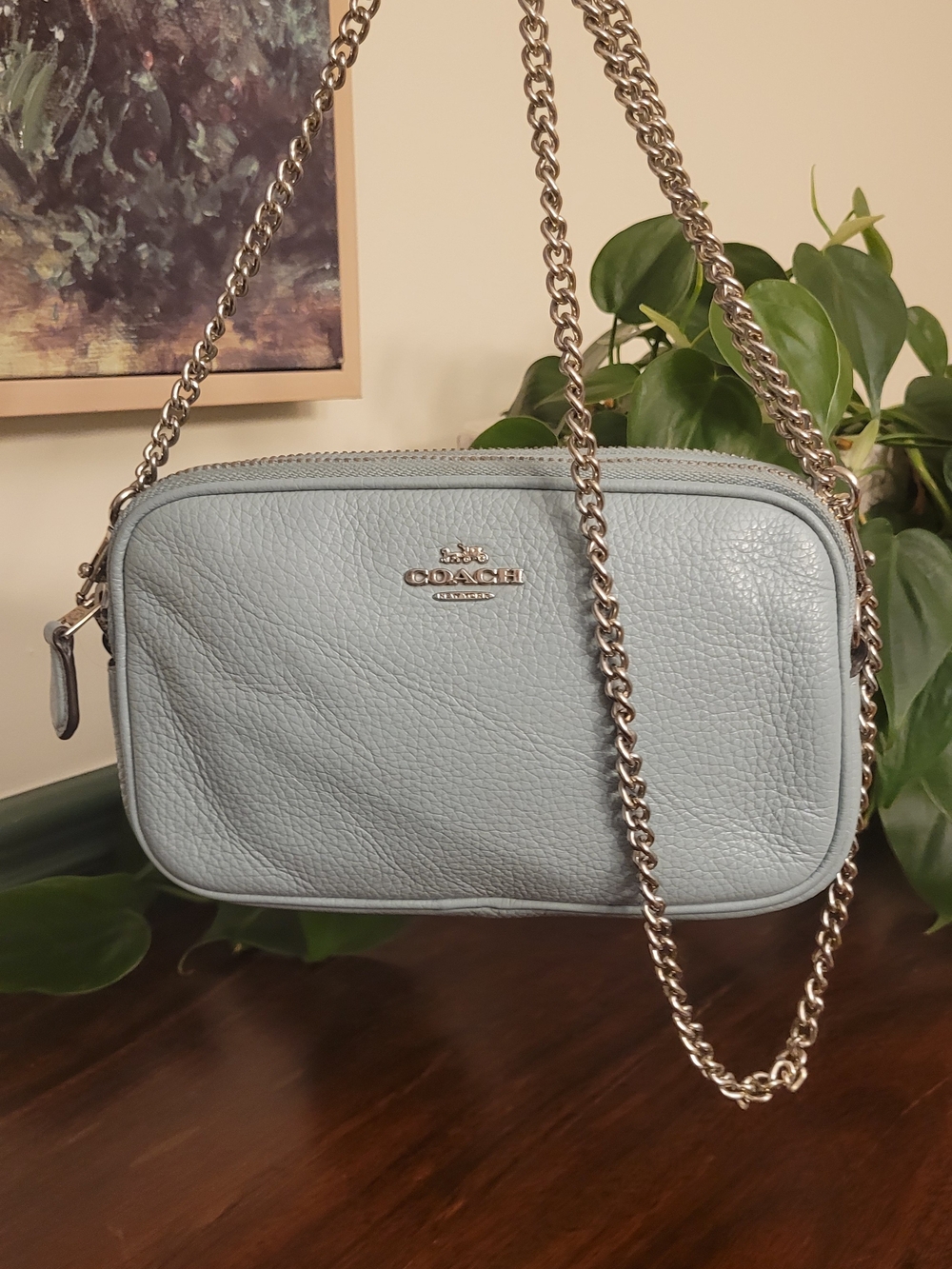 Coach Pebbled Leather Camera Crossbody Bag in Light Blue